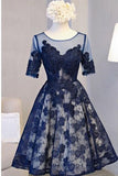 A Line Scoop Navy Blue Knee-length Tulle Short Sleeve Homecoming Dress with Open Back