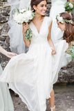 Cheap Elegant A-line V-neck Ruffles Floor-length Chiffon Cap Sleeves Long Wedding Dresses