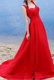 Sexy Elegant Red A-line Halter Satin Sweetheart Lace Up Simple Prom Dresses