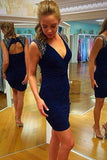 Sexy V-Neck Sleeveless Short Backless Navy Blue Prom/Homecoming Dress with Sequins