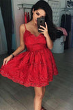 A Line Red V Neck Lace Appliques Spaghetti Straps Beads Short Homecoming Dresses