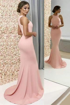 Cheap Elegant Long A-Line Halter Pink Satin Mermaid Bridesmaid Dresses