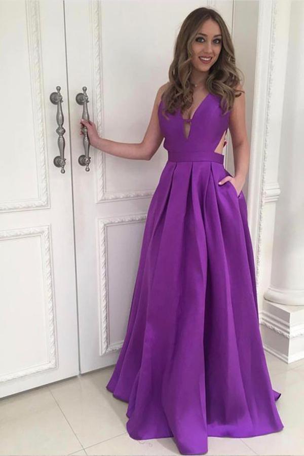 A Line Satin Floor Length Cheap V Neck Open Back with Pockets Long Prom Dresses