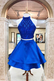A Line Royal Blue Two Pieces Open Back Beaded Short Prom Dresses Homecoming Dresses