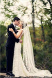 Alencon Applique Lace Trim Bridal Veil Long Tulle Wedding Veil