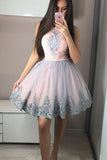 Cute A Line Round Neck Pink Short Prom Dresses Homecoming Dresses with Appliques