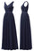 A Line V Neck Chiffon Navy Blue Long Sleeveless Ruffles Floor Length Prom Dresses