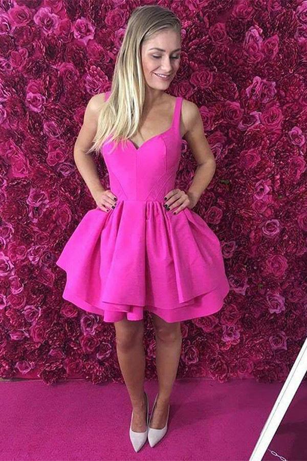 Ball Gown Scoop Eyelet Lace up Fuchsia Short Prom Dress Satin Cute Mini Homecoming Dress
