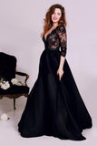 New Style Black 3/4 Sleeves Lace Satin V-Neck A-Line Floor-Length Evening Dresses