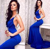 Blue Deep V-Neck Ruffles Open Back Mermaid Silvery Sequins Beaded Backless Prom Dresses