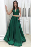 A Line Two Piece Satin V-neck Green Princess Floor-length with Pockets Prom Dresses