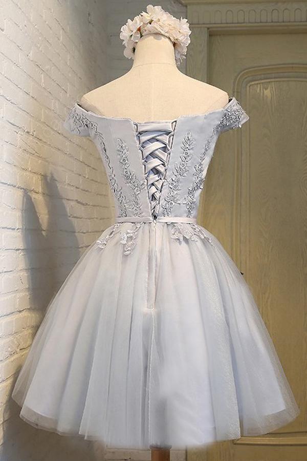 A-Line Off the Shoulder Short Sleeveless Scoop Grey Tulle Lace up Homecoming Dresses