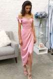 A-Line Sheath Pink Off-the-shoulder Silk-like Satin Tea-length Bow Prom Dresses
