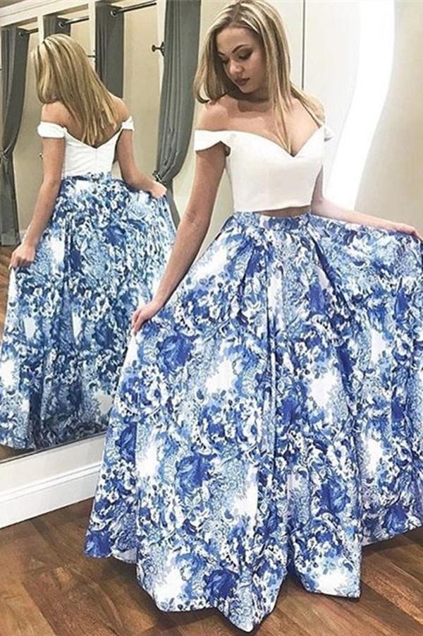 A Line Two Pieces Floral Off the Shoulder V Neck White Long Floor Length Prom Dresses