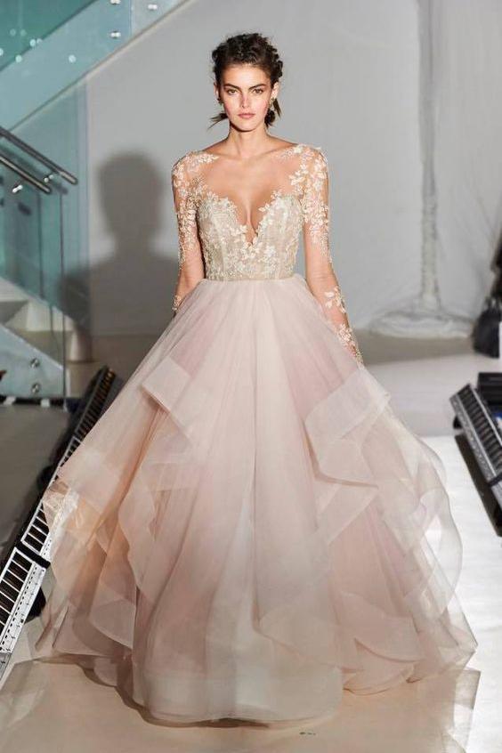 Fashion Ball Gown Lace Sheer Illusion Tulle Backless Long Asymmetrical Wedding Dress