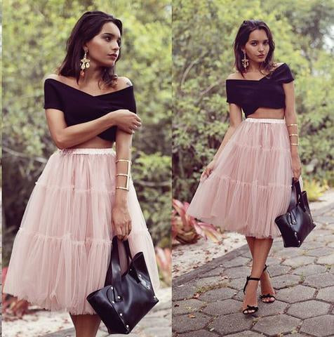 A Line Two Pieces Black and Pink Cheap Off the Shoulder Tulle Homecoming Dresses