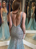 Backless Mermaid Beaded Long Tulle V-Neck Sleeveless Zipper-up Prom Dresses