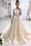 A-line Tulle Scoop White Lace Appliqued Gold Sash Short Sleeves Chapel Train Prom Dresses