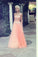 A-Line Strapless Lace Appliqued Floor-length Blush Pink Beaded Tulle Prom Dresses