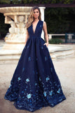 Vintage A-Line Deep V-Neck Navy Blue Sleeveless Prom Dresses with Appliques Pockets