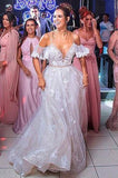 A-Line Cold Shoulder Lace V Neck V Back Tulle Beach Wedding Dress with Ruffles Appliques