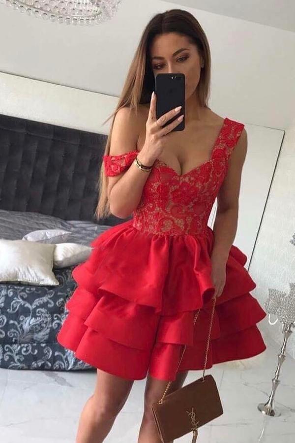 A-Line Straps Short Red Satin Sweetheart Sleeveless Cute Graduation Homecoming Dress