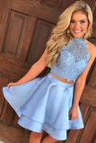 Two Piece Round Neck Short Tiered Satin Blue Open Back Homecoming Dress with Lace