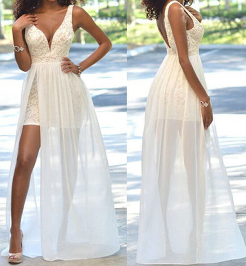 Cheap Popular Backless Sleeveless V-Neck Ivory Lace Side Slit Chiffon Prom Dresses