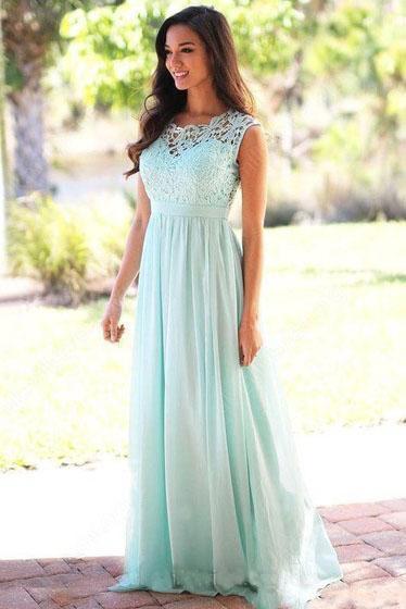 Affordable A-line Scoop Neck Lace Cap Sleeve Chiffon Floor-length Prom Dresses