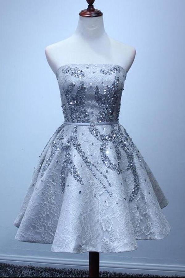 A Line Silver Strapless Mini Lace Shinny Sequin Lace up Appliques Homecoming Dresses