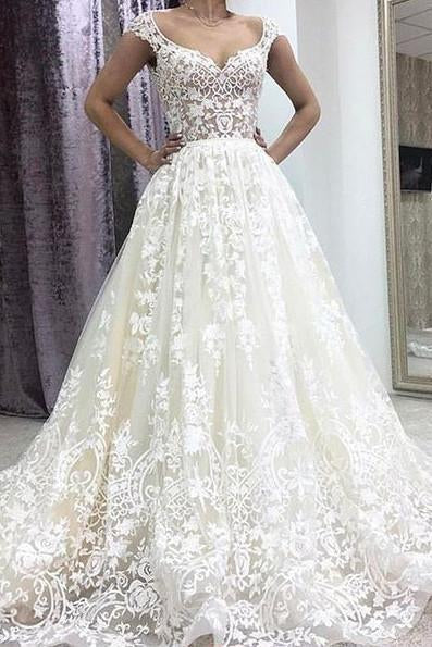 A-Line Deep V-neck Court Train Sleeveless Ivory Lace Wedding Dress with Appliques