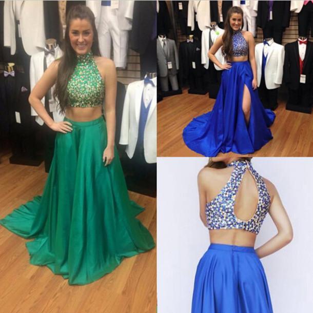 Beading Crystal Sexy Party Dress 2 Pieces Long A Line Evening Formal Dress Prom Dresses