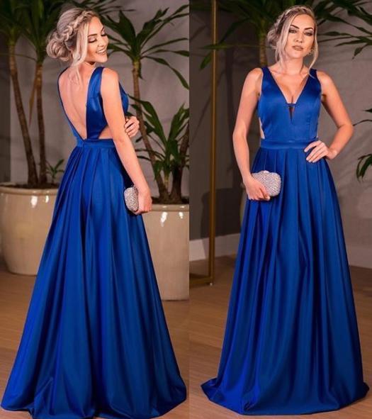 Royal Blue Satin V-neck A-line Floor-length Ruched Backless Prom Dresses