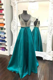 Beaded Plunging V-Neck Floor-length Teal Green Satin Prom Dresses