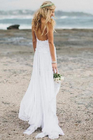 Beach Simple Casual White A-line Princess V neck Spaghetti Straps Wedding Dress