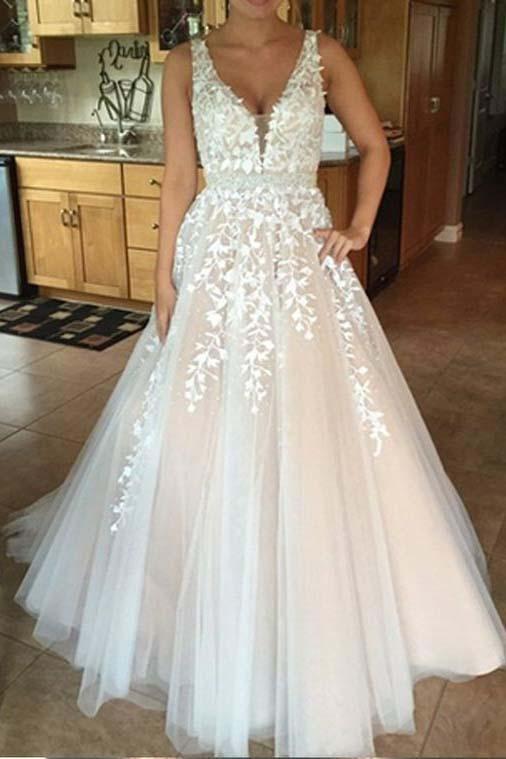 A-Line V-Neck Appliques Open Back Ivory Sleeveless Beads Evening Prom Dresses