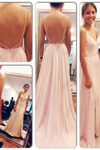 Backless Spaghetti Straps V-Neck Pink Open Back Chiffon Evening Gowns