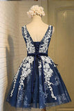 A-line Scoop Knee-length Open Back Navy Blue Organza Homecoming Dress with Appliques