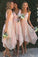 A-Line V-Neck Spaghetti Straps Asymmetrical Pink Lace Bridesmaid Dress
