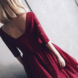 Half Sleeves Burgundy Homecoming Dress With Lace V-Neck Short Prom