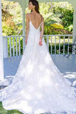 A Line Spaghetti Straps Backless V Neck Long Lace Wedding Dresses Bridal Dresses