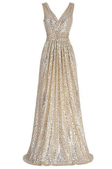 A Line Sequin V Neck V Back Sleeveless Gold Ruffles Maxi Evening Prom Dresses