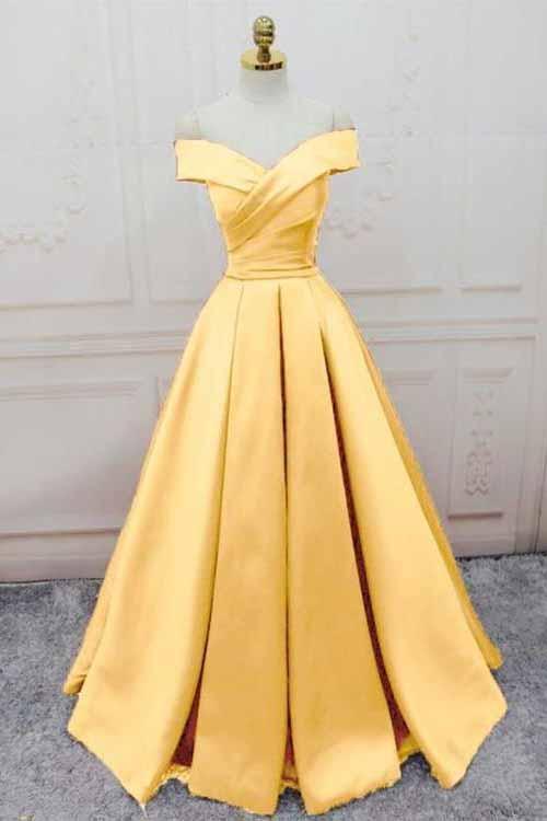 Simple Yellow Off the Shoulder Prom Dresses Lace up Sweetheart Satin Party Dresses