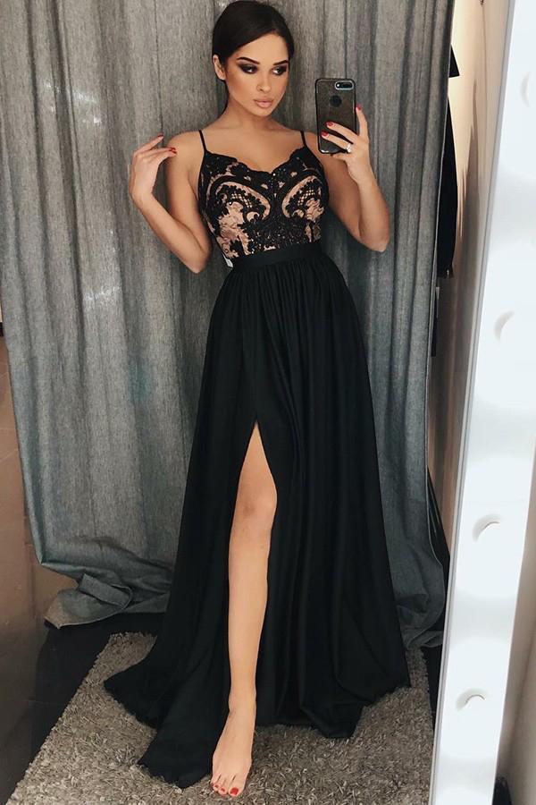 Unique A-Line Chiffon Spaghetti Straps Black Split Long Sweetheart Prom Dress with Lace