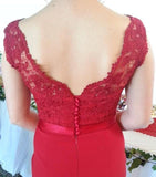 Red Button Backless Plus Size Mermaid Cap Sleeves V-neck Long Lace Bridesmaid Dresses