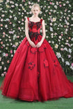Gorgeous Ball Gowns Red Flowers Scoop Sleeveless Tulle Lace up Beads Prom Dresses