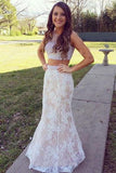 Mermaid Lace Sweep Train Pearl Pink Scoop Beads Two Piece New Style Prom Dresses