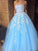 A Line Sky Blue Strapless Lace Appliques Tulle Beads Pockets Floor Length Prom Dresses