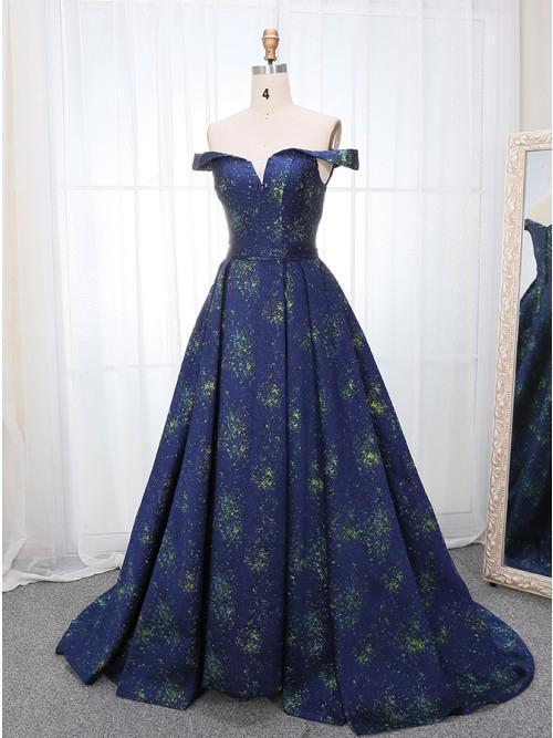 A Line Off the Shoulder Long Navy Blue Prom Dress with Printed Cheap Evening Dresses