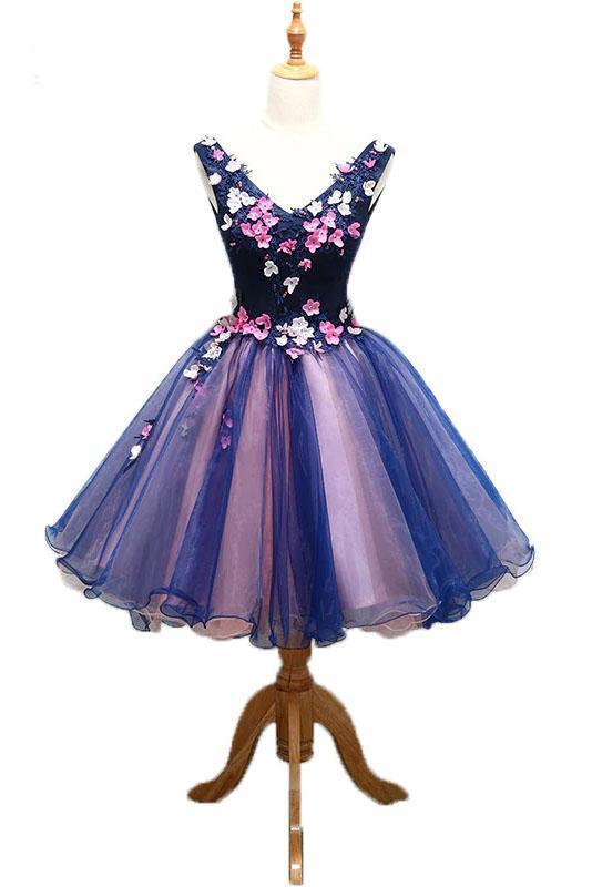 Purple Tulle V Neck Straps Lace up Homecoming Dresses with 3D Flowers Dance Dresses